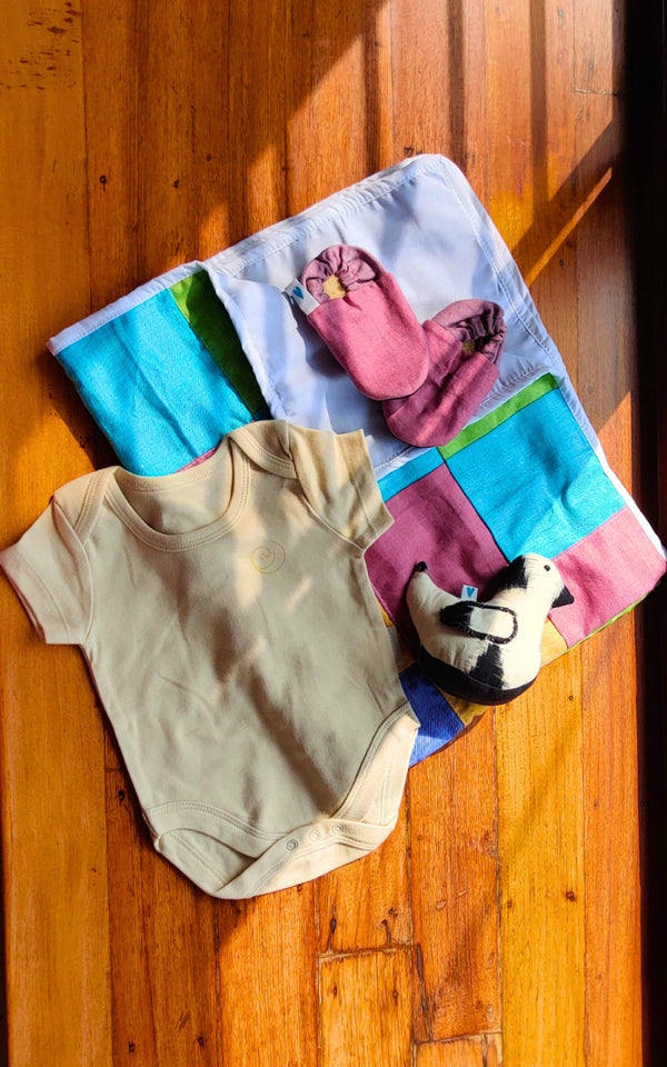 Baby Gift Set -  Cotton Onesie, Soft Toy, Baby Quilt & Shoes